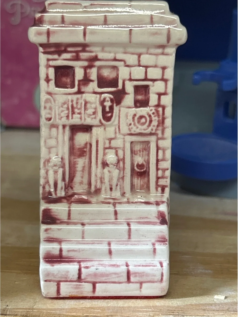 Vintage Ceramic Figurine of a Building with Red Detailing